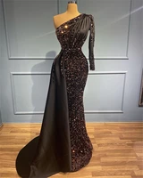luxurious shiny black mermaid evening dresses long sleeves one shoulder sequin satin pleat women formal gowns