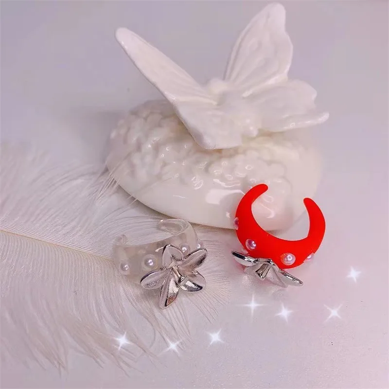 

Sweet Fashion Personality Resin Three-dimensional Pearl Transparent Dtrawberry Open Ring for Women Girl Gifts Jewelry Wholesale