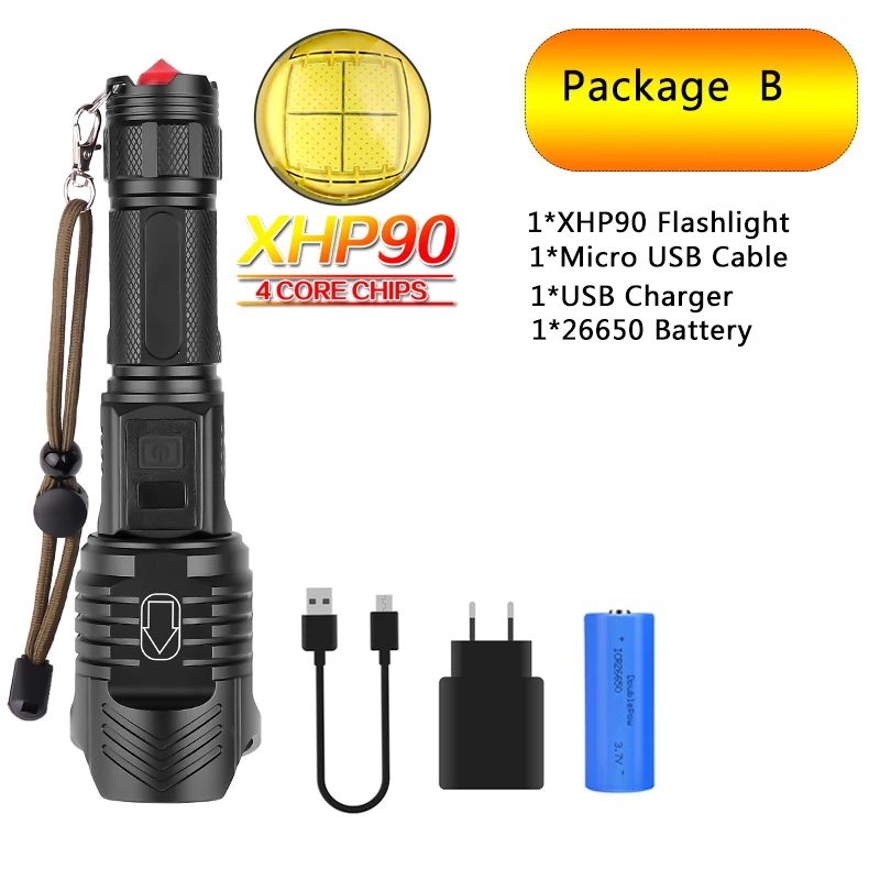 Package B Супер яркий светодиодный фонарь XHP90, перезаряжаемый, водонепроницаемый, фонарь с молотком Безопасности на открытом воздухе, батарея 26650, бесступенчатая лампа с затемнением - Испускаемый цвет: Package B