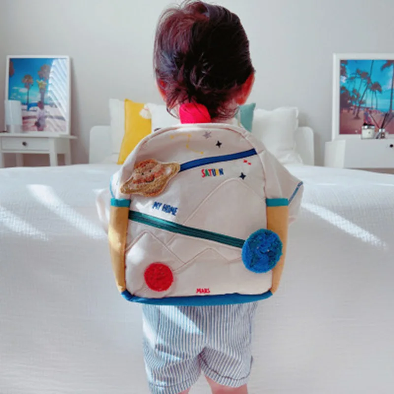 New Children's Stitching Cotton Canvas Earth Star Ball Embroidery Backpack Cute Girl Color Matching Casual Small School Bag