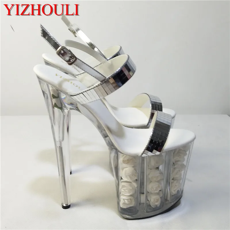 With high 20cm white flowers wedding heels silver glitter strappy sandals Stripe Dance Shoes