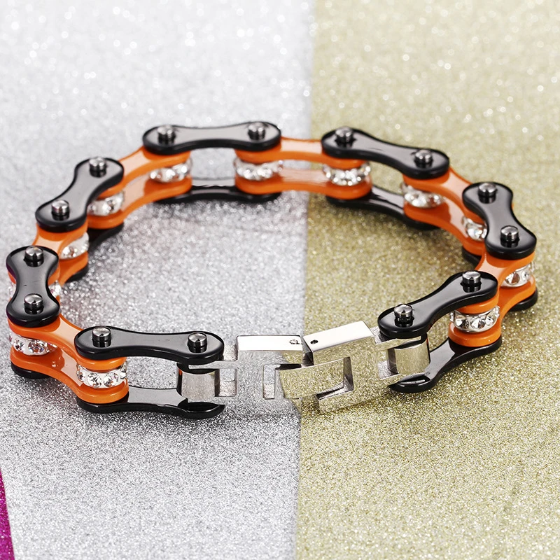 

2021 New Style 10mm Bicycle Chain Bracelets For Women Men Ethinc Orange Color Stainless Steel Jewelry Wristbands With Crystal