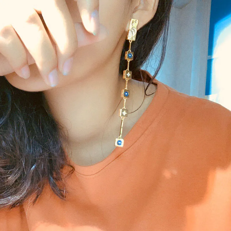 

Brand 1:11 Piece Fashion Yellow Gold Color Moon Star Square Long Earring for Women Jewelry High Quality Gift