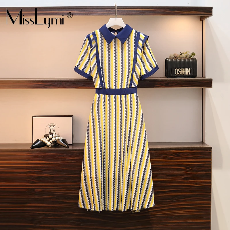 

L-4XL Plus Size Women Vertical Stripes Dress Summer 2021 Peter Pan Collar Short Sleeve High Waist A-line Vintage Midi Dresses