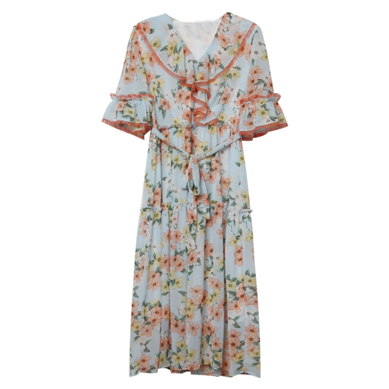 

Make floral chiffon dress large size ladies have the lining new summer wear short-sleeved fat younger sister jin skirt