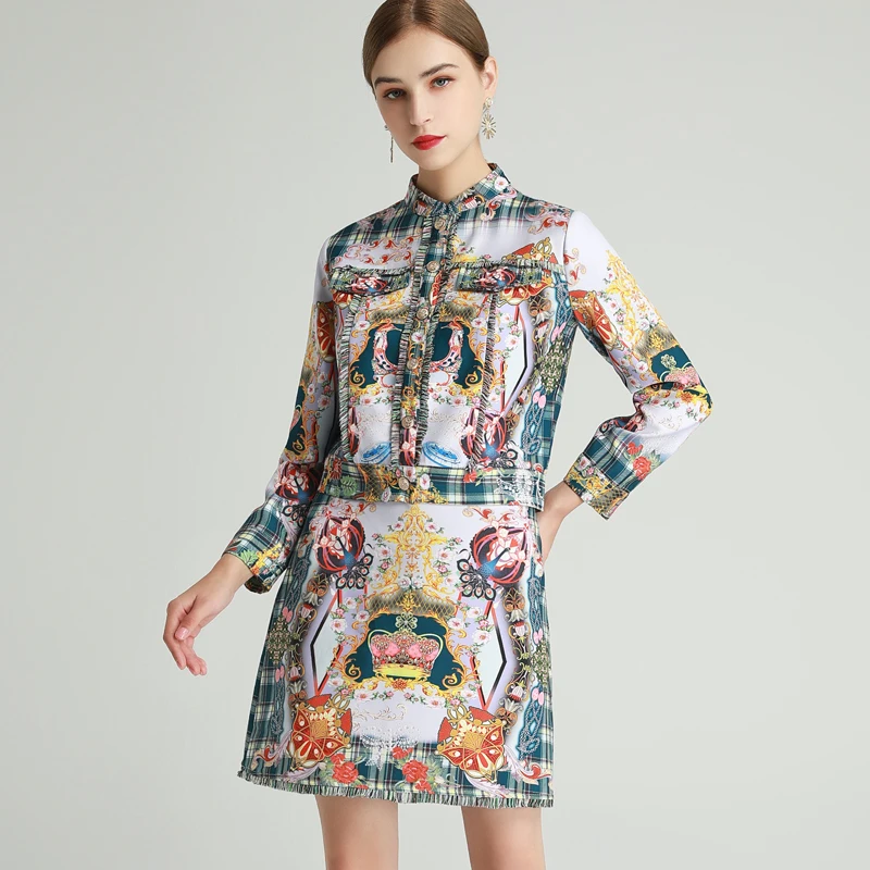 

2020 AUTUMN VINTAGE PRINT CROPPED JACKET & SKIRT SET