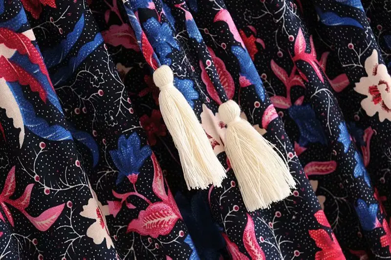 Vintage chic women Hippie birds floral print beach Bohemian pleated skirt High Elastic Waist Maxi A-Line Boho Skirt Femme