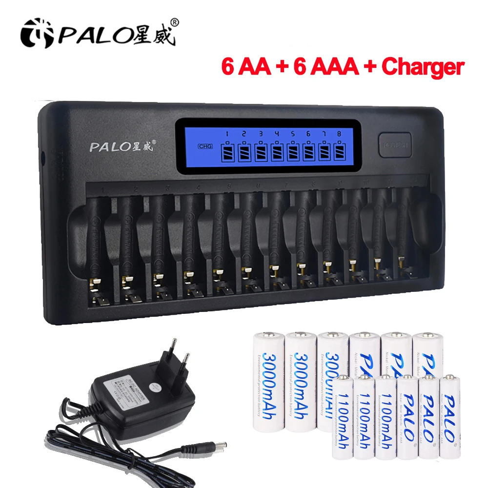 

PALO LCD 12 slots AA AAA Rechargeable Battery smart battery charger+6pcs AA Battery+6pcs AAA Battery rechargeable