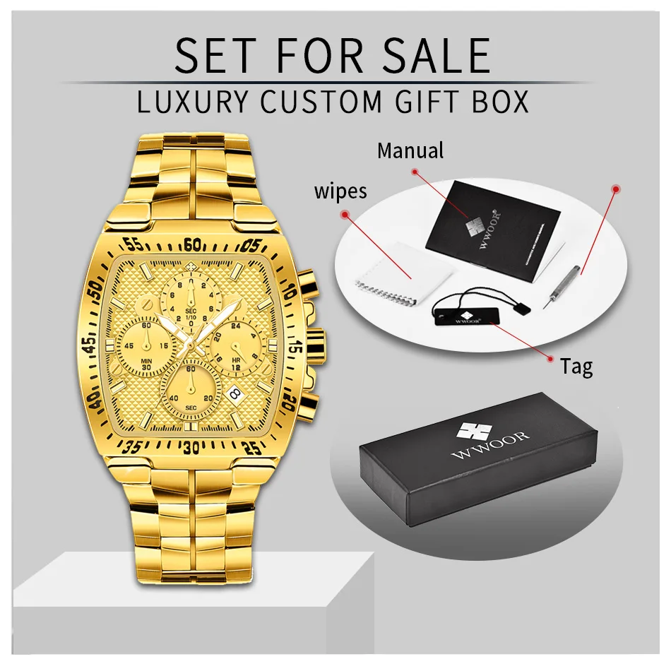 

WWOOR 2021 New Sports Military Watches Men Luxury Gold Square Quartz Waterproof Wristwatch Fashion Chronograph Relogio Masculino