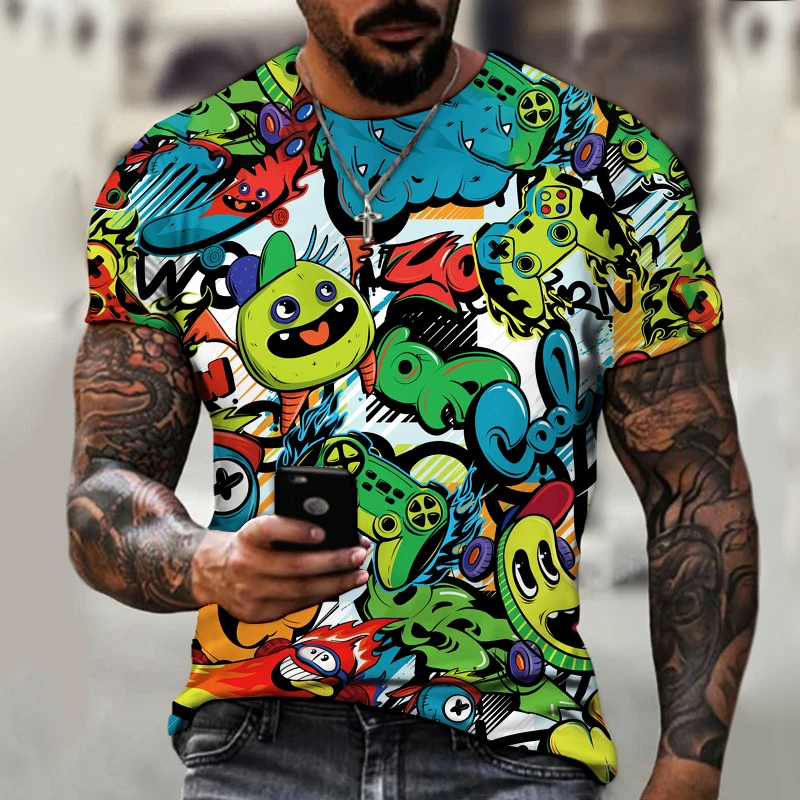 

Hip-hop funny graffiti street trend printing T-shirt full body 3D printing fashion top fun abstract shape letter short sleeve