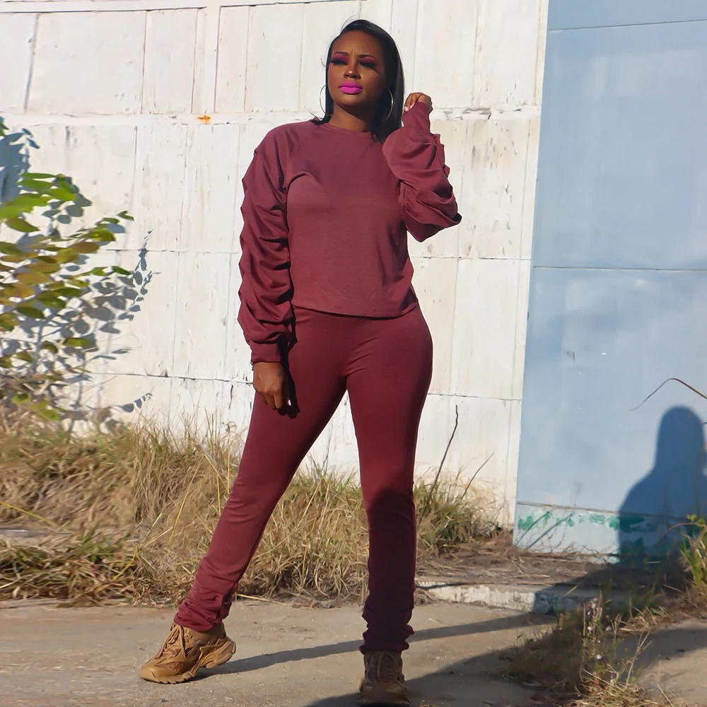 

Черный/синий/бордовый простой спортивный костюм из двух предметов женская одежда Каскадный пуловер с пышными рукавами + эластичные штаны