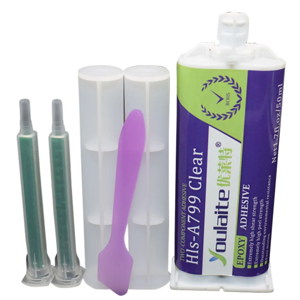 

Clear 50ml 1:1 Epoxy Resin Glue Transparent Epoxy Adhesive & 2pcs Static Mixing Nozzles & Plunger & Mixing Shovel