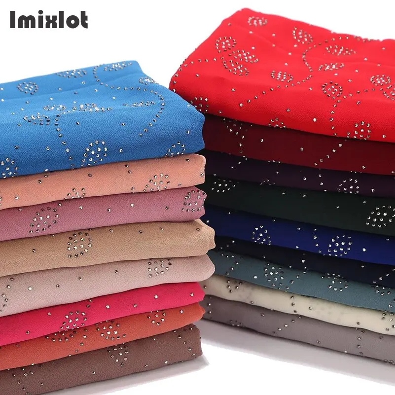 

20 Colors Long Chiffon Sarves Hijabs Women Rhinestone Leaf Head Shawl For Islamic Women Muslim Headscarf Wrap Phasmina 175*72cm