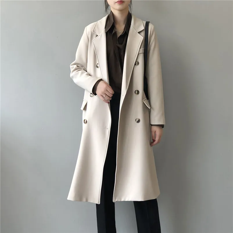 Осеннее женское повседневное пальто 2020 с отложным воротником двубортное длинное