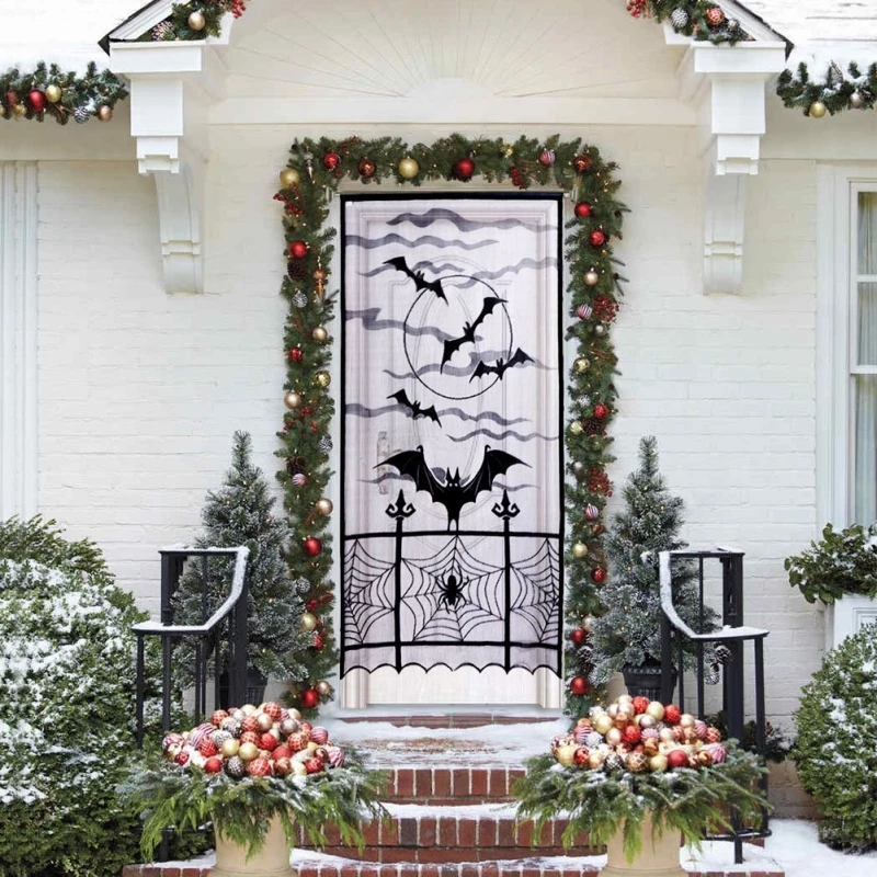 

Halloween Bat Pattern Black Door Curtain Halloween Window Decoration Lace Curtains Festival Products