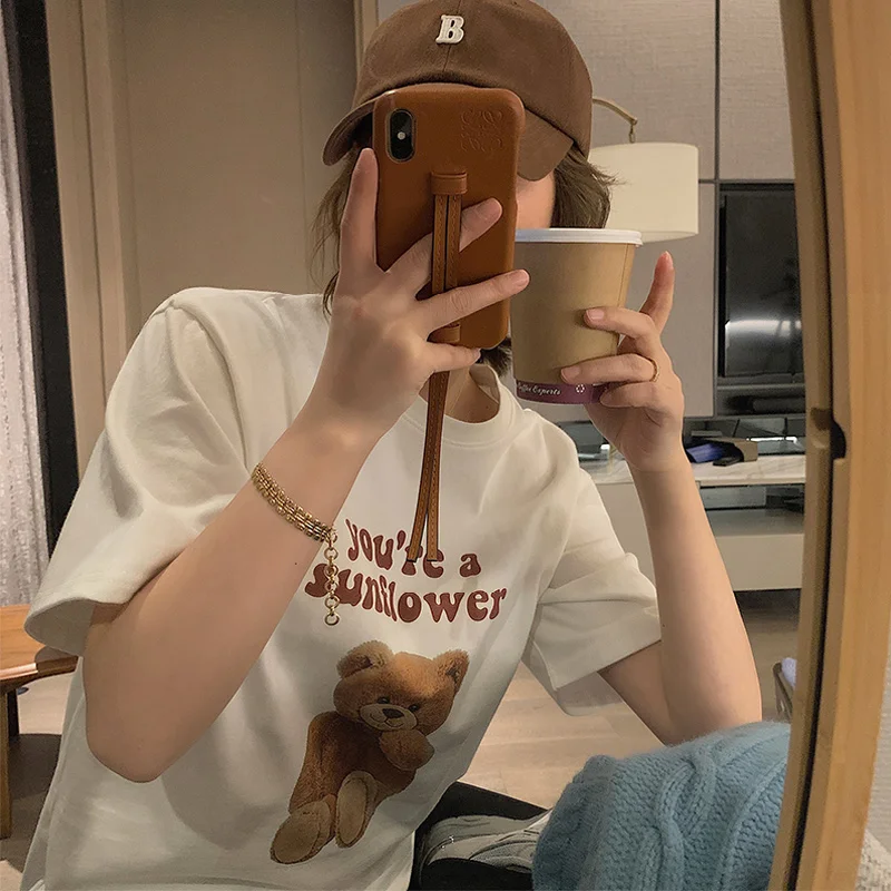 

Letter Bear T-shirt Women's White Short Summer Pure Cotton Top Korean Style Loose All-Match Half Sleeve Bottoming Shirt