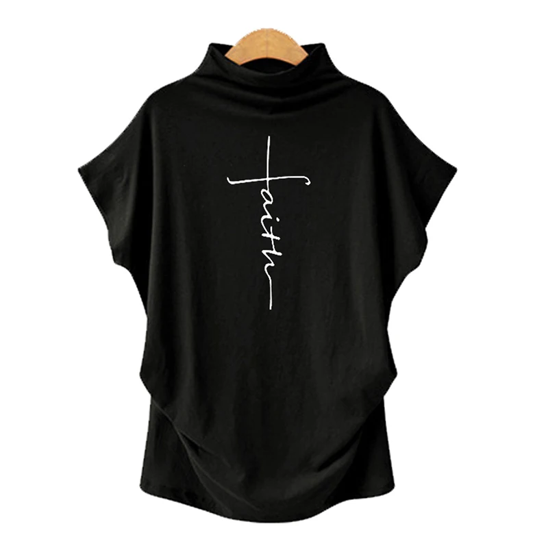 

Short Sleeve Faith Cross Print T-shirts Women Clothes Summer Stand Collar Plus Size Streetwear Ladies Tee Shirt Femme