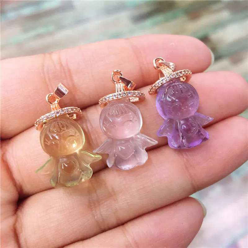 

Natural amethyst citrine pink quartz stone cute angel pendant Pure hand carving Crystal Christmas present gift 1pcs