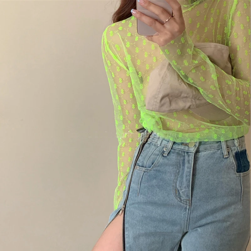 

2021 New Perspective Bottoming Mesh Sexy Shirt Long-sleeved Sunscreen Hedging Retro Summer Women Shirt Wholesale Drop Shipping