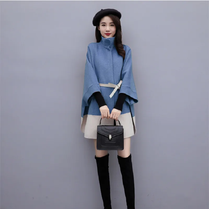 

2021 Plus Size Women Cloak Color-block Bat Sleeve Wool Coat Autumn Jacket New Korean Women's Winter Casual Woolen Overcoat Femme