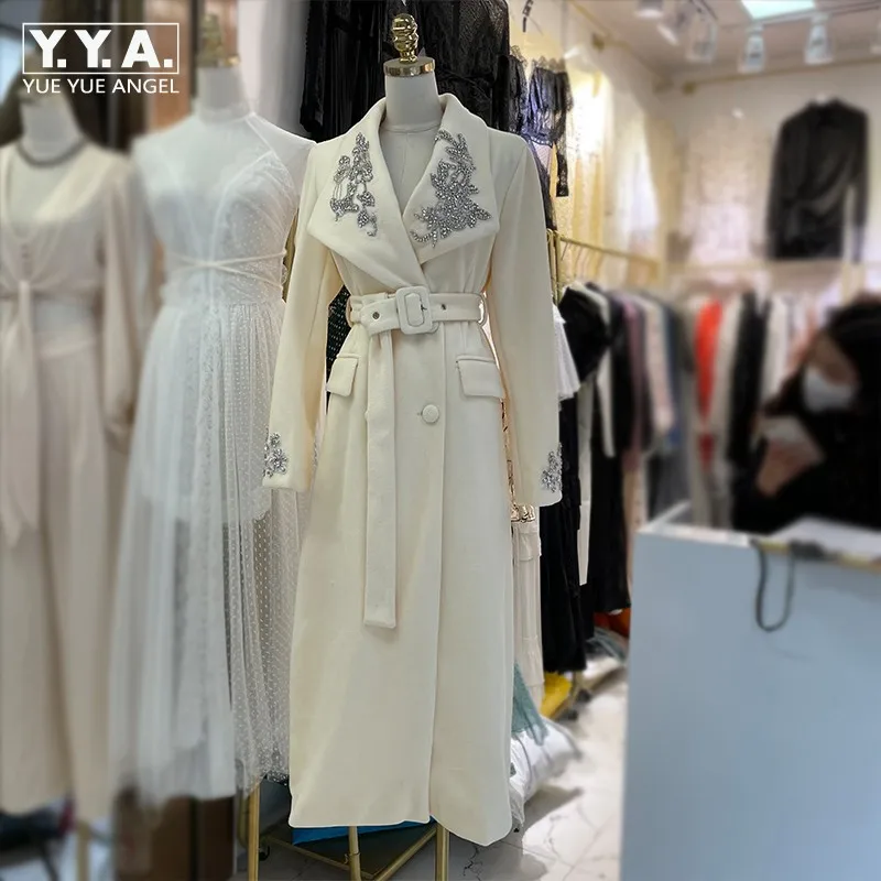 

Женское двубортное пальто, белое шерстяное пальто с отложным воротником, поясом, карманами, украшенное бисером, Длинное Элегантное офисное ...