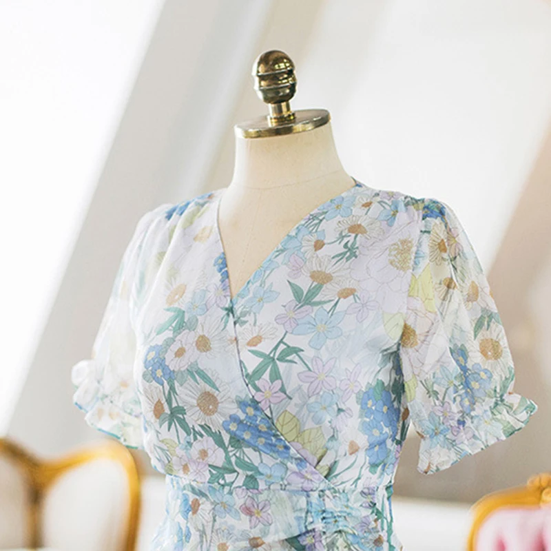 

Bow Sweet Ruffle Dress Summer Dresses up Elegant Pleated Boho Floral Print Casual Mini Buttons Fairy Beach Chiffon Lace Women