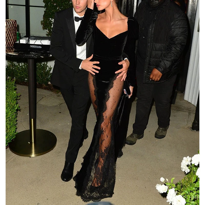 

Bevenccel, Новое Элегантное Черное Женское Платье макси с длинным рукавом и V-образным вырезом, Сексуальное Кружевное облегающее бархатное плат...