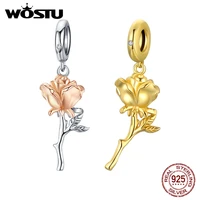 wostu real 925 sterling silver rose flower charms fit original bracelet diy necklace pendant wedding luxury jewelry ctc145