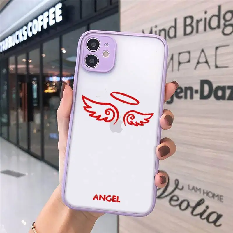 

Phone Case For iPhone 12 11 Mini Pro XR XS Max 7 8 Plus X Demon Angel Couple BFF Cartoon Matte transparent Purple Back Cover