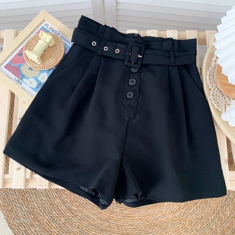 

2021 Summer New Style Temperament All-match High Waist and Thin Folds Flower Bud Wide Leg Shorts Casual Pants Women with Belt