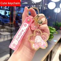 cute cartoon cherry blossom into oil drifting bottle acrylic transparent creative keychain ring chain mobile phone bag pendant