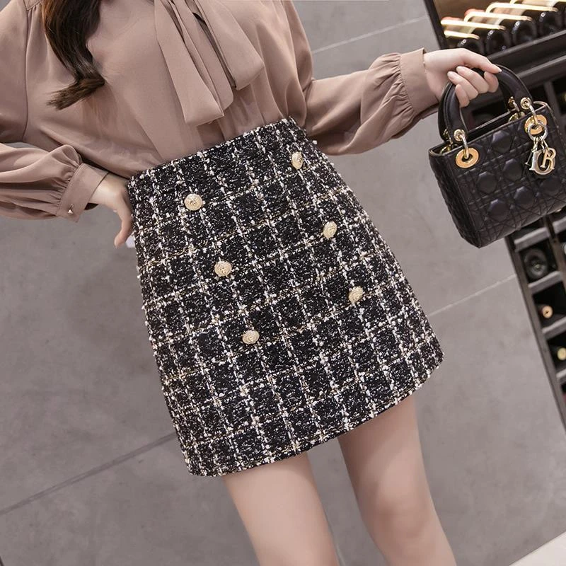 Осенне зимняя шерстяная мини юбка 2019 Женская винтажная клетчатая золотистая