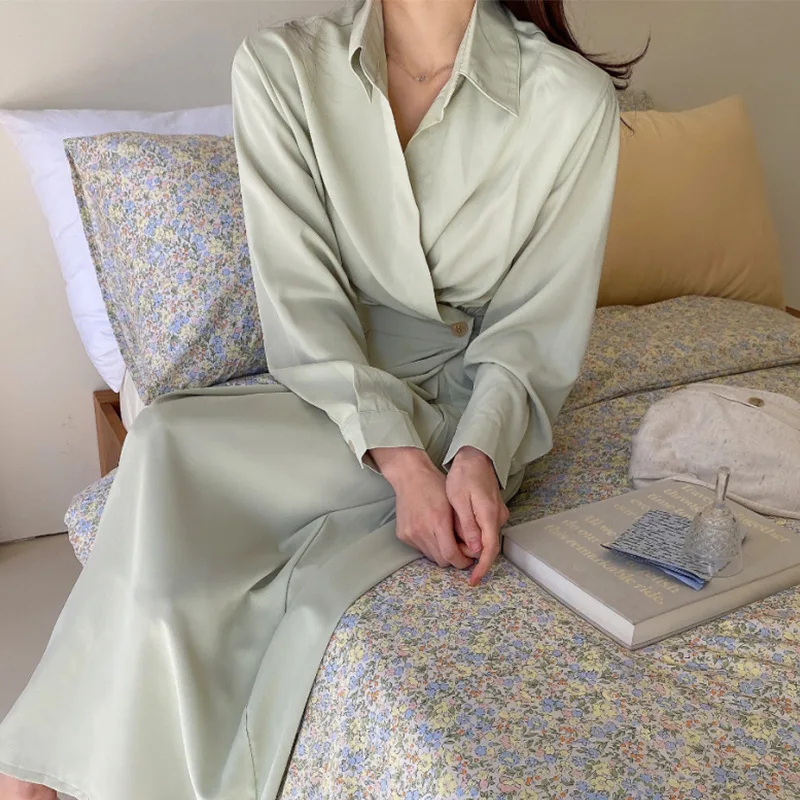 

Women Spring Shirt Dresses Turn-Down Collar Long Sleeve Casual Elegant Maxi Dress Wear to Work Business Vestido