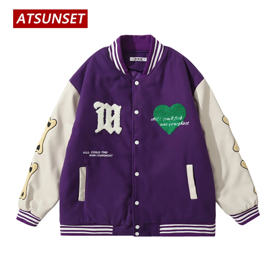 ATSUNSET Bone Love Embroidery Hip Hop Baseball Jacket Harajuku Retro Varsity Jacket Fashion Casual Cotton Coat Streetwear Tops