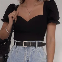 2021 fashion women vintage style trend solid color crop top short v collar pullover puff sleeves t shirts summer fitting tees