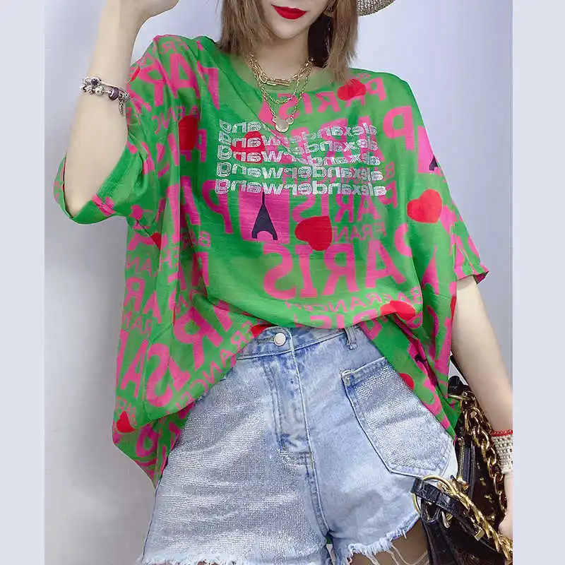 

LANMREM Short Sleeve Medium Length Top Loose Fashion Large Letter Printed T-shirt Casual Women's Summer 2021 New Arrival 2K1612