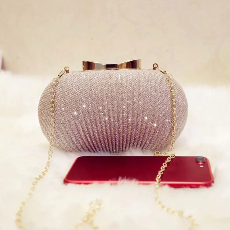 

Twinkling Golden Evening Clutch Bag Women Bags Wedding Bridal Metal Bow Chain Shoulder Bag QXNC