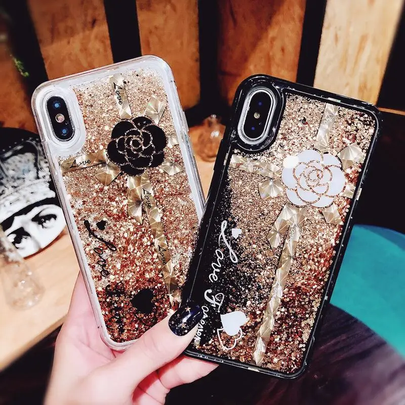 Luxury Gift Camellia Gold Sequin Bling Glitter Dynamic Liquid Quicksand Phone Case For iPhone X XS XR Xsmax 6S 7 8 Plus TPU |