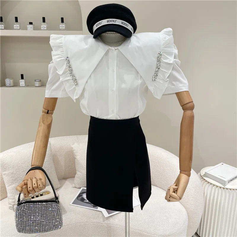

Women's Clothing Summer 2021 Niche Design Fashion New Versatile Design Diamond Puff Sleeve Short Shirt Doll Collar Top