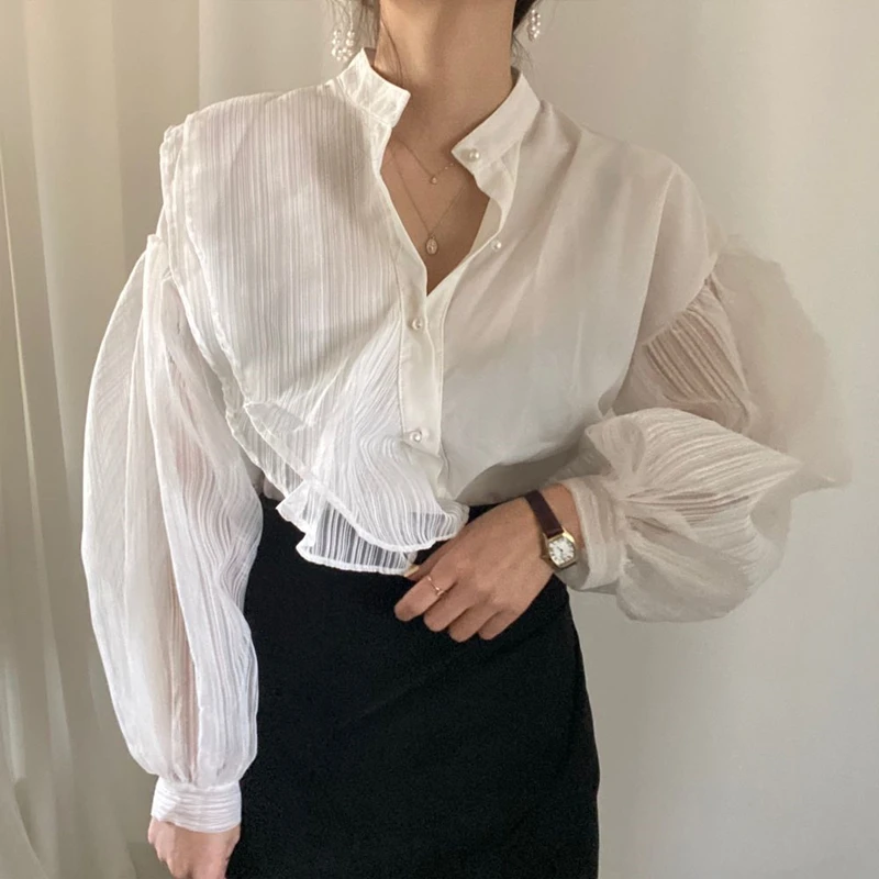 

New 2021 Spring Summer Blouses Shirts Vintage Oversize Patchwork Tulle Transparent Korean Style Lady Wild Top Z226