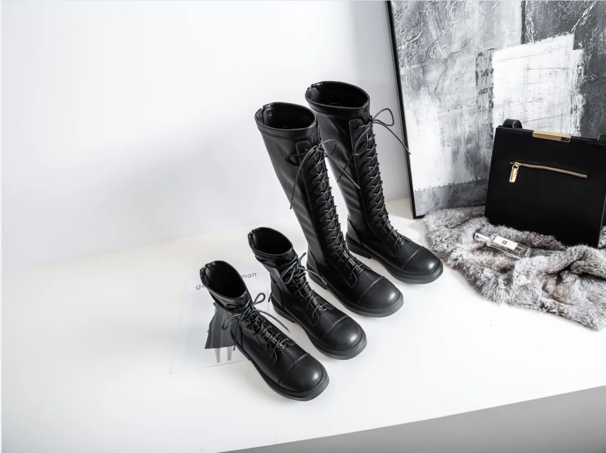 

Женские сапоги до колена, с ремешком, эластичные, плоская подошва, 41-43, размера плюс