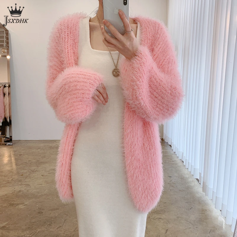 

Winter Elegant Women Luxury V-Neck Mohair Sweater Coat Mink Cashmere Knitwear Tops Soft Loose All-match Lantern Sleeve Cardigan