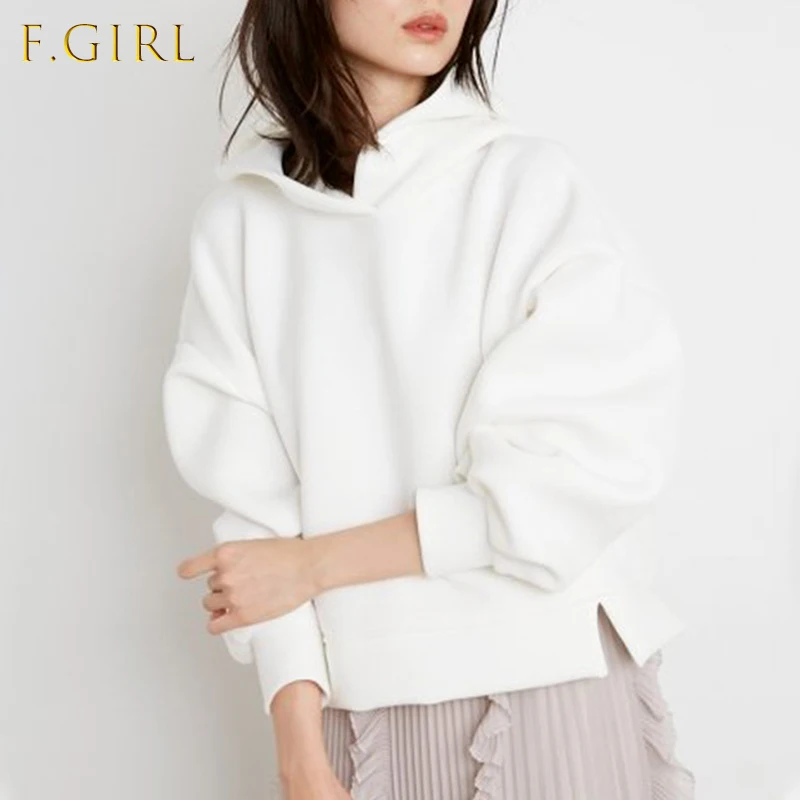 

Japanese Casual Loose Hoodies 2021 Autumn Winter New Women Pullovers Long Sleeve Small Split Solid Warm Sweatshirts
