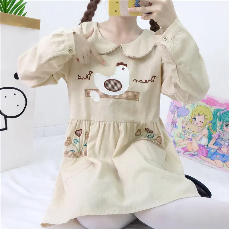 

2021 New Spring Full Sleeve Lolita Dress Women Cute Animal Embroidery Cotton Mini Dress Soft Sister Doll Collar Pullover Dress