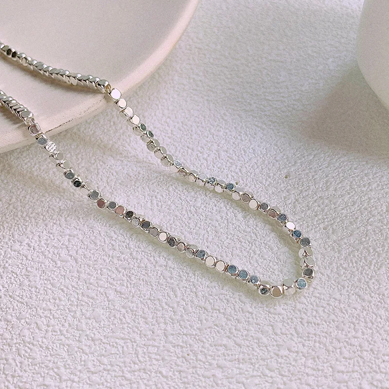 

SRCOI Gleaming Silver Color Rounded Edge Square Beads Necklace Minimalist Simple Women Beaded Strand Chokers Collar Necklace