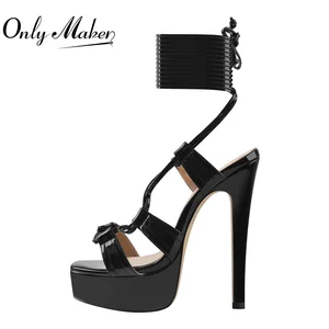 Onlymaker Brand Square Toe Lace-up Platform Thin High Heels Women's Cross Strap Black Golden Casual Party Dress Sandals