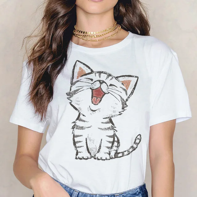 

Cute Cartoon Cat Print T-shirt Women funny women graphic T Shirt Short Sleeve Tops Tees Femme aesthetic Fashion woman Tshirt