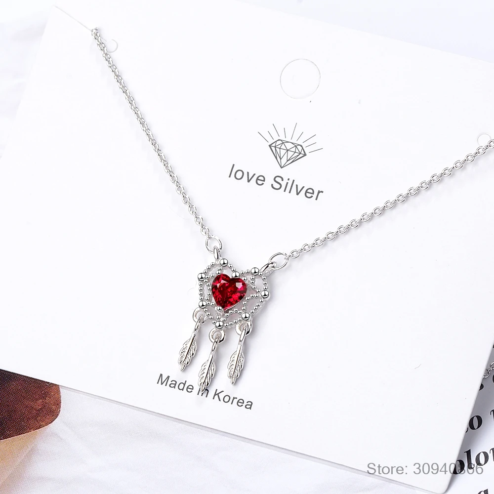 925 Sterling Silver Red Zircon Love Heart Necklace for Women Wedding Jewelry Dream Catcher Necklace Statement Jewelry