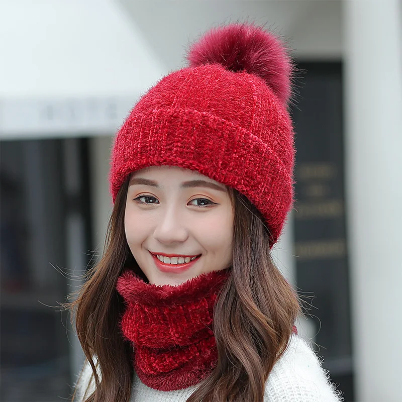 Hat Scarf Set Winter Women Plus Velvet Thick Warm Outdoor Sport Chenille Knit Hat And Scarf Korean Female Beanies Caps F24810AD
