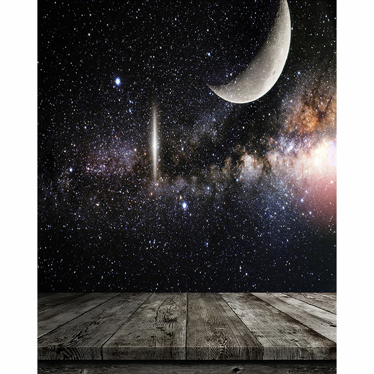Allenjoy Starry Night Background Dreamy Sky Baby Shower Space Mysterious Moon Star Cloud Wooden Floor Glitter Backdrop Banner |
